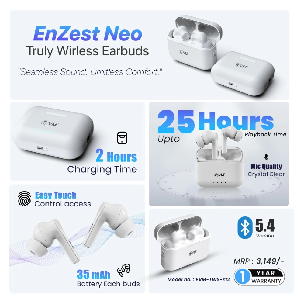 EVM Wireless Bluetooth Earbuds White Enzest NEO TWS-K12 view 4